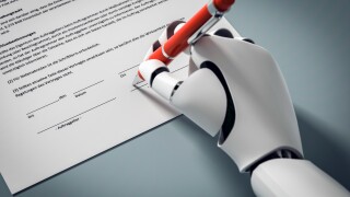 3D Illustration Roboter unterschreibt einen Vertrag mit roten Kugelschreiber