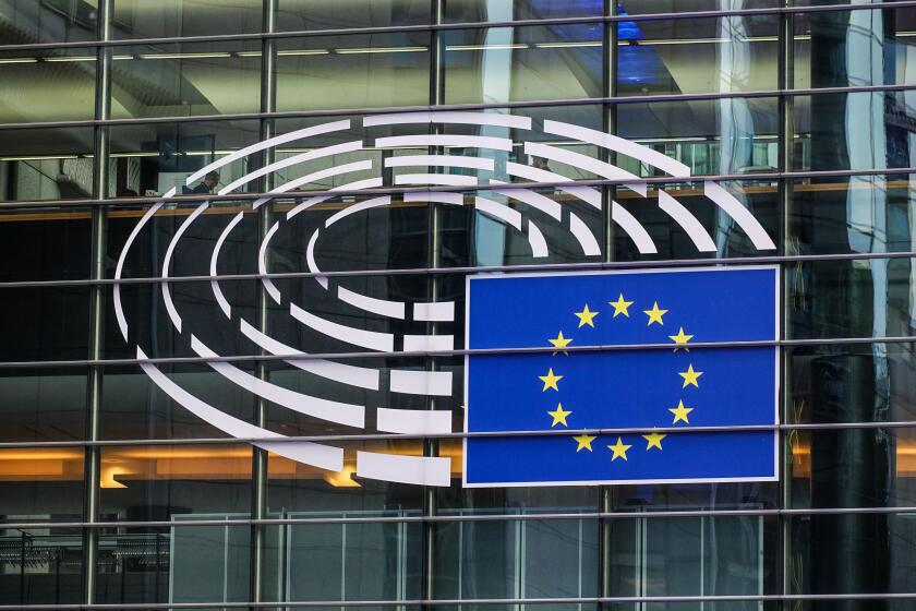European Parliament logo on the Paul-Henri Spaak building in Brussels, Belgium