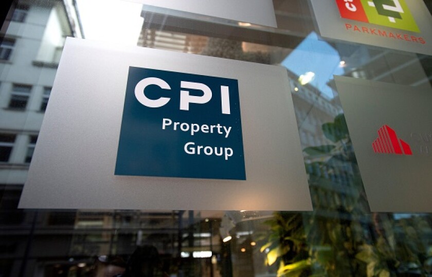 CPI Property Group logo on window in Prague from Alamy 12Dec23 575x375