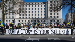 London, UK.  2 March 2025.  People at a Support Ukraine rally outside Downing Street as a European leaders? summit takes place in nearby Lancaster House, Ukrainian President Volodymyr Zelensky?s widely televised, bad-tempered meeting with the US President