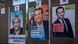 posters of french presidential elections  candidates of Benoit Hamon, Emmanuel Macron and Marine le Pen.