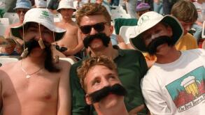 FANS WEARING MERV HUGHES TYPE FALSE MOUSTACHES AT ENGLAND v AUSTRALIA MATCH