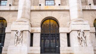 Milan Stock Exchange entrance on Piazza Affari - The building shows the typical fascist style and today is an important landmark in Milano