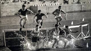 Photograph of the 3000 Meter Steeplechase during the 1932 Olympic games. Won by Volmari Iso-Hollo (1907 - 1969) from Finland. Volmari was one of the last Flying Finns who dominated long distance running. Volmari broke the world record at 09.09.4.