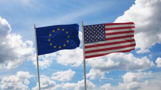 USA and European Union flags, Alliance.  sky background.