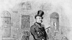 A Vintage postcard depicting ?Mr Micawber?, a character from Charles Dickens? book, ?David Copperfield?. The card also bears a corresponding passage from the book and was published as a promotional item for 'The Leather Bottle' public house in Cobham, Ken