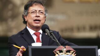 Colombia's President Gustavo Petro speaks during a military ceremony in Bogota, Colombia, Friday, June 6, 2025. (AP Photo/Ivan Valencia)