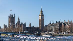 View of Westminster, Houses of Parliament and Big Ben across the River Thames from South Bank, London, England, UK, on a sunny winter day