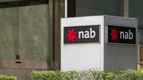 A National Australia Bank (Nab bank) logo sign outside a city branch in Sydney Australia