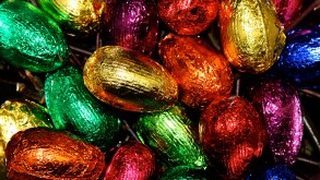 Colorful easter eggs made out of chocolate and wrapped in aluminium. Image shot 2006. Exact date unknown.