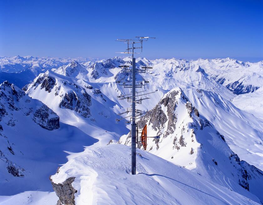 Communication tower satellite dishes, masts and aerials from Valluga Station, St.Anton (Sankt Anton am Arlberg), Tyrol, Austria