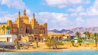 Cityscape of Eilat viewed behind the peace lagoon, Israel