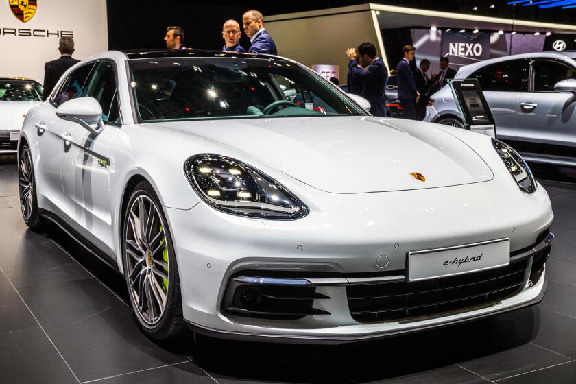 GENEVA, SWITZERLAND - MARCH 6, 2018: Porsche Panamera Turbo S E-Hybrid sports car showcased at the 88th Geneva International Motor Show.