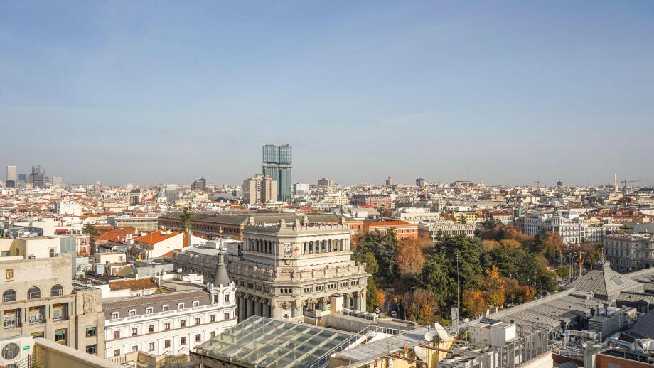 Aerial view, cityscape of Madrid, with Colon towers in centre, Instituto Cervantes in front, Spain, the City of Madrid, Spain.