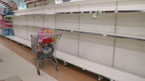 Empty shelves in a supermarket in Quebec City as people panic buy in response to the Covid-19 hysteria.
