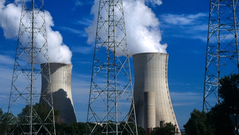Cooling Towers & Electricity Pylons of Tricastin Nuclear Power Plant, or Nuclear Power Station, Rhone Valley, France