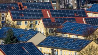 Houses with solar panels on the roof, solar energy, Bottrop, Germany