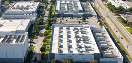 Richardson, Texas - November 16, 2025 : Aerial view of large modern AI or IT data centers in Richardson, Texas