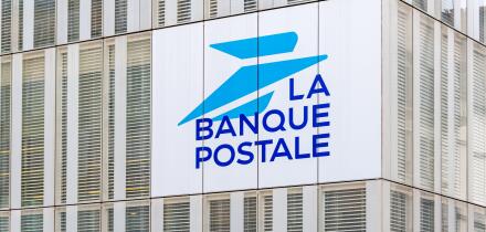 Sign and logo on the headquarters building of the Banque Postale. La Banque Postale is a French public bank, subsidiary of the La Poste group