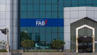 "Ras al Khaimah, Ras al Khaimah/United Arab Emirates - 7/4/2019: "First Abu Dhabi (FAB) Bank blue close up storefront sign and entrance. "