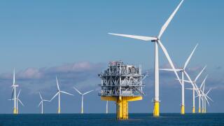 Some of the 175 turbines and one of the two offshore substations on the London Array Offshore Wind Farm, which was the world's largest offshore wind farm until 2017