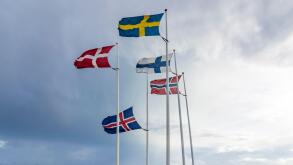 Helsingborg,  flags of the nordic countries Iceland,  Norway,  Sweden,  Finland and Denmark,  strait Oresund,  ferry,  strong wind in Skane lan,  Scania,  Schonen,  Sweden