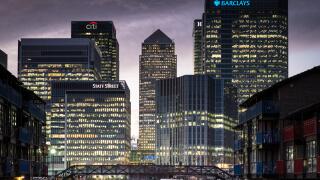 London Banks, Canary Wharf at dusk - Barclays, HSBC, State Street, CitiBank