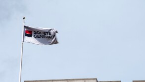Societe Generale Bank flag on building in London UK. Image shot 2012. Exact date unknown.