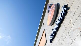 Rabobank sign at branch. Rabobank is the second-largest bank in the Netherlands in terms of total assets.