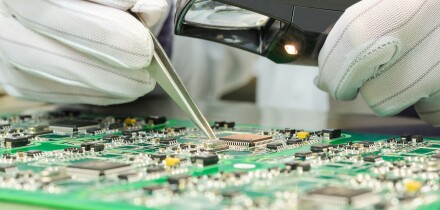 Quality control of electronic components on PCB in laboratory high-tech factory