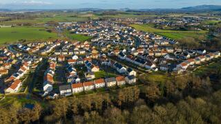 Aerial view of Calderwood village housing estate on the outskirts of East Calder, West Lothian, Scotland.