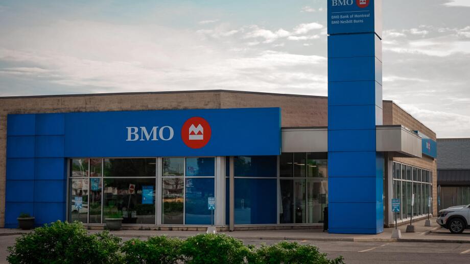 Exterior facade of a BMO Bank branch in Ontario, Canada