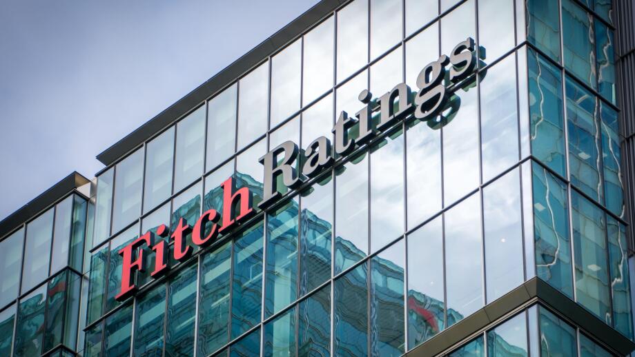 LONDON-  Fitch Ratings exterior logo in Canary Wharf, one of the 'big three' credit ratings agencies.