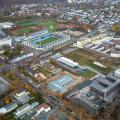 Aerial view, VONOVIA Ruhrstadion, renaming, riot police between Gersteinring and Castroper street at the JVA Krumede, Bochum,