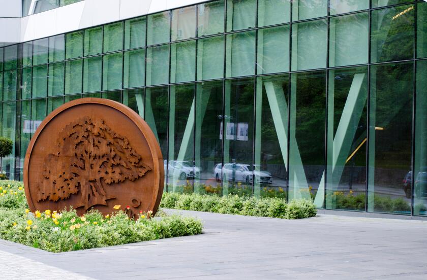 Stockholm, Sweden - 18 May 2019. A view from the outside of the swedish bank Swedbanks headquarter in Sundbyberg outside of Stockholm.