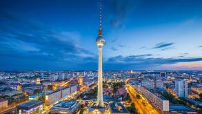 Berlin skyline with famous TV tower at Alexanderplatz in twilight at dusk, Germany