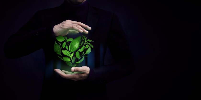 ESG Concept. Green Leaf as Heart Shape Protected by Gentle Gestu