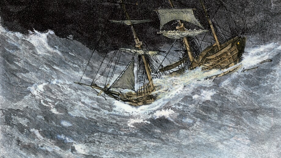 Sailing-ship struggling through stormy seas. Hand-colored woodcut