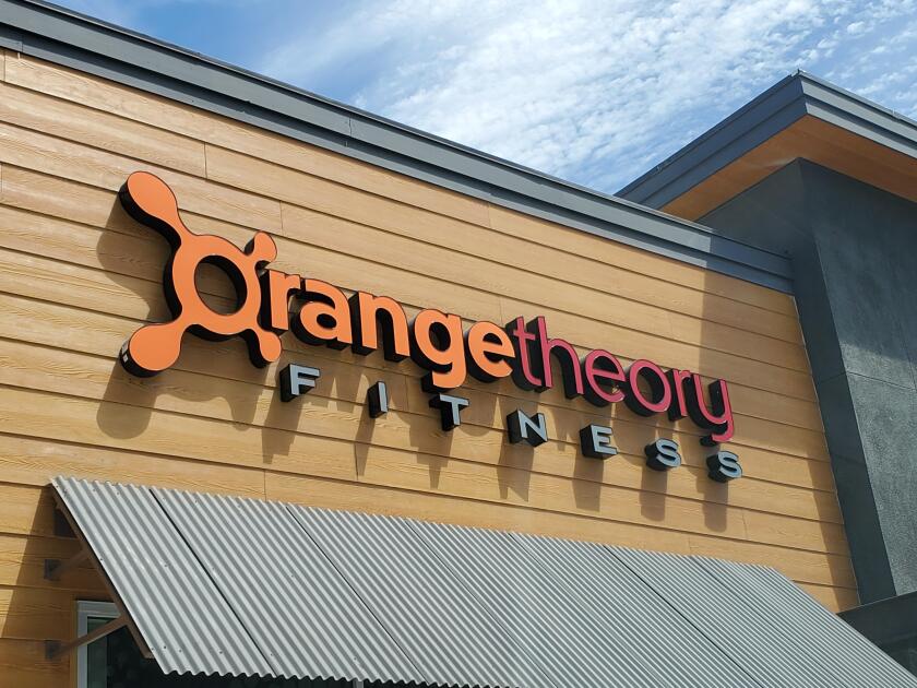 Sign with logo on facade of Orangetheory Fitness gym in Dublin, California, July 30, 2019. ()