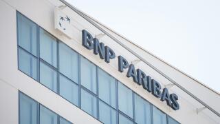 LYON, FRANCE - JULY 13, 2019: BNP Paribas logo on their main office for Lyon. BNP Paribas is a French bank, one of the biggest in France and in Europe