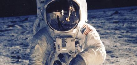 BUZZ ALDRIN, US astronaut, on the Moon during Apollo II in July I969, photographed by Neil Armstrong.