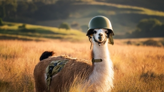 AI-generated image of a llama in field wearing a green military helmet