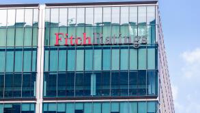 Fitch Ratings Agency logo on their building in Canary Wharf, Docklands, London, UK