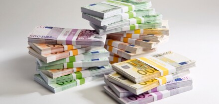 Stacks of large billed Euro banknotes. Image shot 2012. Exact date unknown.