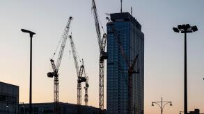 Cranes at the construction site of the Covivio high-rise, next to the Park Inn by Radisson Berlin hotel on Alexanderplatz, 08/03/2024