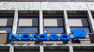 Nordea sign at branch. Nordea Bank AB is a Nordic financial services group operating in Northern Europe.