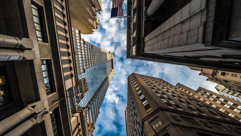 NEW YORK, USA - OCTOBER 08: Financial district city buildings outside in the lower Manhattan area near wall street on October 08, 2019 in New York