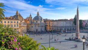 View of Piazza del Popolo (People's Square) in Rome, Italy. Skyline over Rome: Churches of Santa Maria in Montesanto and Santa Maria dei Miracoli.