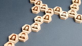 System structure of company employees as chains of hexagons. Organization of business, distribution of responsibilities, well coordinated teamwork. Re