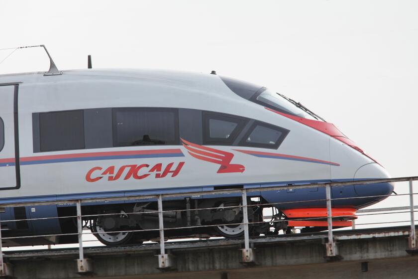 April 28, 2017 St. Petersburg, Russian Railways high-speed passenger train Sapsan from St. Petersburg to Moscow in motion, low angle